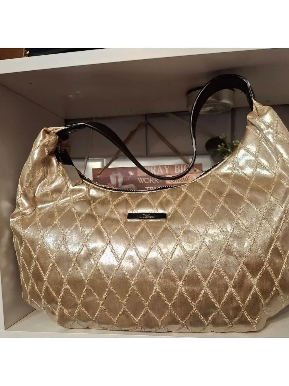 Via Spiga Gold Quilted Satin Shoulder  Bag Black Leather Strap